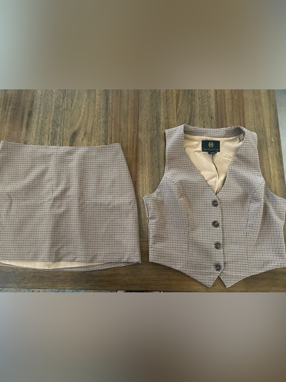 House of Harlow 1960 Brown and Cream Gingham Mini Skirt & Vest set size Medium - Picture 2 of 10